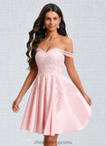 Daisy A-line Off the Shoulder Short Satin Homecoming Dress With Rhinestone Beading Appliques Lace STIP0025679