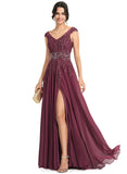 Iris A-line V-Neck Floor-Length Chiffon Lace Evening Dress With Beading Rhinestone Sequins STIP0020816