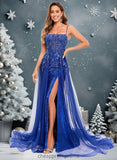 Denisse Trumpet/Mermaid Straight Sweep Train Tulle Sequin Prom Dresses With Sequins Appliques Lace STIP0025857