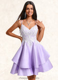 Ayanna A-line V-Neck Short Satin Homecoming Dress With Appliques Lace STIP0025696