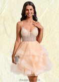 Annalise Ball-Gown/Princess V-Neck Short Tulle Homecoming Dress With Beading Sequins STIP0025646