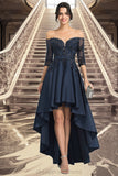 Princess A-line Off the Shoulder Asymmetrical Lace Satin Homecoming Dress With Sequins STIP0020580