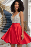 India A-line V-Neck Short/Mini Satin Homecoming Dress With Beading Sequins STIP0020569