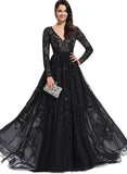 Cali Ball-Gown/Princess V-Neck Sweep Train Lace Tulle Evening Dress With Sequins STIP0020881