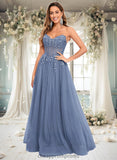 Kamila Ball-Gown/Princess V-Neck Floor-Length Tulle Prom Dresses With Sequins Appliques Lace STIP0025837