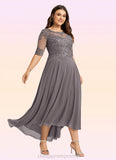 Nova A-line Boat Neck Illusion Asymmetrical Chiffon Lace Mother of the Bride Dress With Beading Sequins STIP0021629