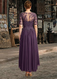 Hilary A-line Scoop Illusion Asymmetrical Chiffon Lace Mother of the Bride Dress With Sequins STIP0021630