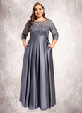 Rhoda A-line Scoop Illusion Floor-Length Lace Satin Mother of the Bride Dress With Bow Sequins STIP0021633