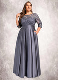 Rhoda A-line Scoop Illusion Floor-Length Lace Satin Mother of the Bride Dress With Bow Sequins STIP0021633