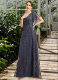 Bianca A-line V-Neck Floor-Length Lace Tulle Mother of the Bride Dress With Sequins STIP0021635