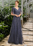 Bianca A-line V-Neck Floor-Length Lace Tulle Mother of the Bride Dress With Sequins STIP0021635