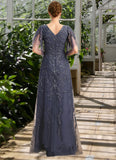 Bianca A-line V-Neck Floor-Length Lace Tulle Mother of the Bride Dress With Sequins STIP0021635