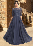 Destiny A-line Scoop Illusion Floor-Length Chiffon Lace Mother of the Bride Dress With Pleated Sequins STIP0021639