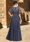 Destiny A-line Scoop Illusion Floor-Length Chiffon Lace Mother of the Bride Dress With Pleated Sequins STIP0021639