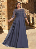 Destiny A-line Scoop Illusion Floor-Length Chiffon Lace Mother of the Bride Dress With Pleated Sequins STIP0021639