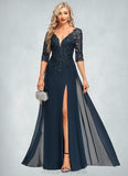 Jordin Sheath/Column V-Neck Floor-Length Chiffon Lace Mother of the Bride Dress With Sequins STIP0021643