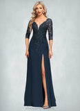 Jordin Sheath/Column V-Neck Floor-Length Chiffon Lace Mother of the Bride Dress With Sequins STIP0021643