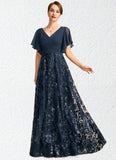 Claire A-line V-Neck Floor-Length Chiffon Lace Sequin Mother of the Bride Dress With Pleated STIP0021648