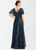 Claire A-line V-Neck Floor-Length Chiffon Lace Sequin Mother of the Bride Dress With Pleated STIP0021648