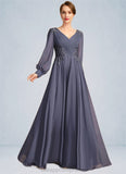 Kaila A-line V-Neck Floor-Length Chiffon Mother of the Bride Dress With Pleated Appliques Lace Sequins STIP0021652