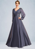 Kaila A-line V-Neck Floor-Length Chiffon Mother of the Bride Dress With Pleated Appliques Lace Sequins STIP0021652