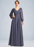 Kaila A-line V-Neck Floor-Length Chiffon Mother of the Bride Dress With Pleated Appliques Lace Sequins STIP0021652