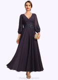 Viv A-line V-Neck Ankle-Length Chiffon Lace Mother of the Bride Dress With Sequins STIP0021655