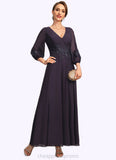 Viv A-line V-Neck Ankle-Length Chiffon Lace Mother of the Bride Dress With Sequins STIP0021655