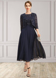 Janey A-line Boat Neck Illusion Tea-Length Chiffon Lace Mother of the Bride Dress With Sequins STIP0021658