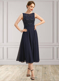 Janey A-line Boat Neck Illusion Tea-Length Chiffon Lace Mother of the Bride Dress With Sequins STIP0021658