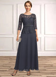 Ingrid A-line Scoop Illusion Ankle-Length Chiffon Lace Mother of the Bride Dress With Beading Rhinestone STIP0021659