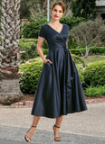 Jean A-line V-Neck Tea-Length Satin Mother of the Bride Dress With Cascading Ruffles STIP0021661