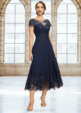 Savannah A-line Scoop Illusion Tea-Length Chiffon Lace Mother of the Bride Dress With Sequins STIP0021664