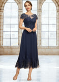 Savannah A-line Scoop Illusion Tea-Length Chiffon Lace Mother of the Bride Dress With Sequins STIP0021664