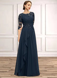 Julia A-line Scoop Floor-Length Chiffon Lace Mother of the Bride Dress With Cascading Ruffles Sequins STIP0021673