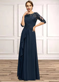 Julia A-line Scoop Floor-Length Chiffon Lace Mother of the Bride Dress With Cascading Ruffles Sequins STIP0021673