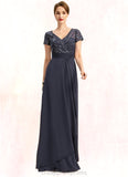 Nan A-line V-Neck Floor-Length Chiffon Lace Mother of the Bride Dress With Beading Cascading Ruffles Sequins STIP0021675