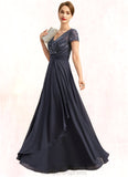 Nan A-line V-Neck Floor-Length Chiffon Lace Mother of the Bride Dress With Beading Cascading Ruffles Sequins STIP0021675