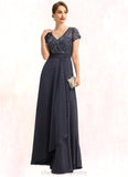 Nan A-line V-Neck Floor-Length Chiffon Lace Mother of the Bride Dress With Beading Cascading Ruffles Sequins STIP0021675