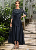 Moira A-line Scoop Illusion Asymmetrical Lace Satin Mother of the Bride Dress With Bow STIP0021678