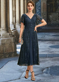 Savannah A-line V-Neck Tea-Length Chiffon Lace Mother of the Bride Dress STIP0021686