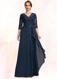 Brielle A-line V-Neck Floor-Length Chiffon Lace Mother of the Bride Dress With Cascading Ruffles Sequins STIP0021691