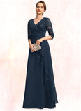 Brielle A-line V-Neck Floor-Length Chiffon Lace Mother of the Bride Dress With Cascading Ruffles Sequins STIP0021691