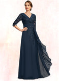 Brielle A-line V-Neck Floor-Length Chiffon Lace Mother of the Bride Dress With Cascading Ruffles Sequins STIP0021691