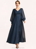 Kendal A-line V-Neck Ankle-Length Chiffon Mother of the Bride Dress With Beading Cascading Ruffles Sequins STIP0021698