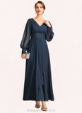 Kendal A-line V-Neck Ankle-Length Chiffon Mother of the Bride Dress With Beading Cascading Ruffles Sequins STIP0021698