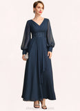 Kendal A-line V-Neck Ankle-Length Chiffon Mother of the Bride Dress With Beading Cascading Ruffles Sequins STIP0021698