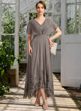 Emmy A-line V-Neck Asymmetrical Chiffon Lace Mother of the Bride Dress With Pleated STIP0021699