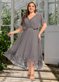 Emmy A-line V-Neck Asymmetrical Chiffon Lace Mother of the Bride Dress With Pleated STIP0021699