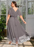 Emmy A-line V-Neck Asymmetrical Chiffon Lace Mother of the Bride Dress With Pleated STIP0021699